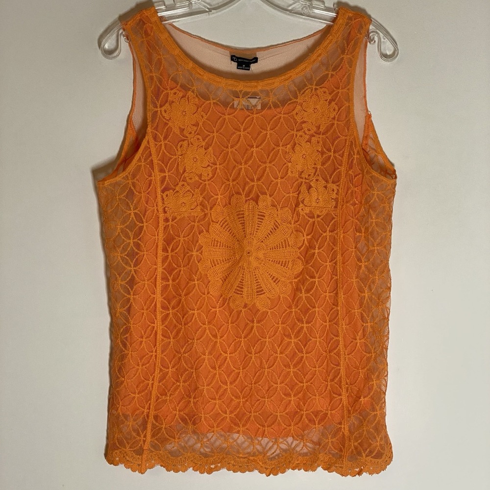 New Directions Tank Womens Medium Orange Crochet Floral Sheer Lined Classy Fun M